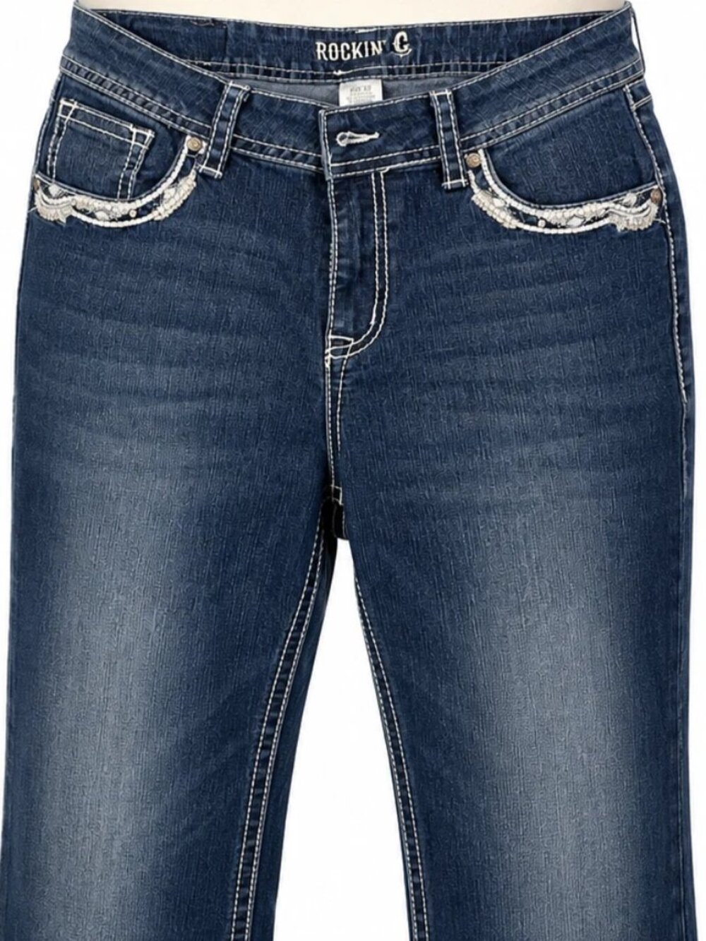 Rockin G Womens Jeans Sz 32 Cross Bling Pockets, 30.5” Inseam, Denim Cowgirl C